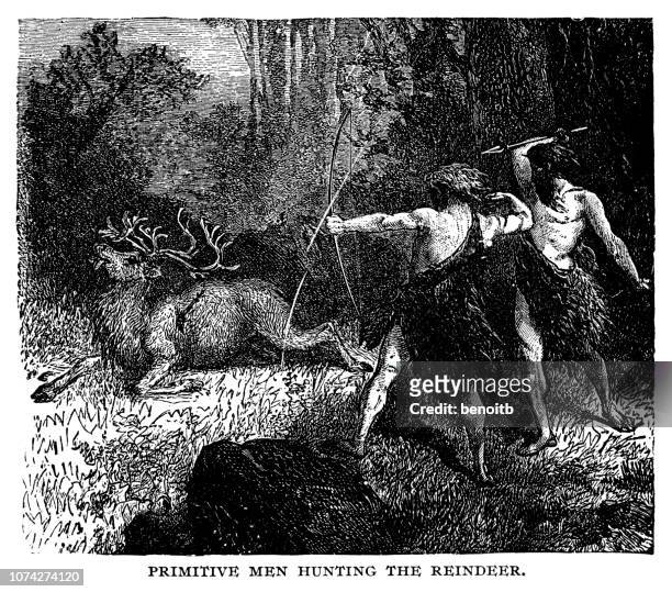 cavemen hunting reindeer - prehistoric era stock illustrations