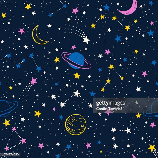 seamless colorful pattern with planets, constellations and stars - stars pattern stock illustrations