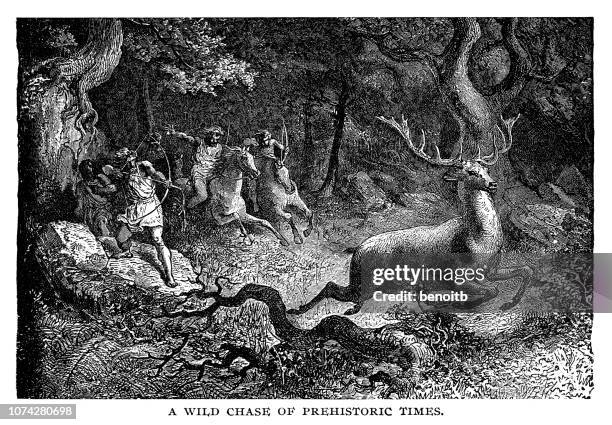 a wild chase in prehistoric times - stone age stock illustrations