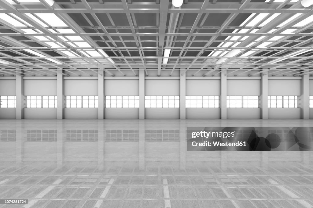 Architecture visualization of an empty warehouse, 3D Rendering