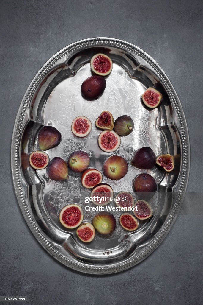 Fresh organic figs on silver tray