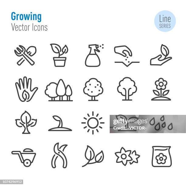 stockillustraties, clipart, cartoons en iconen met groeiende icons - vector line serie - plant hand