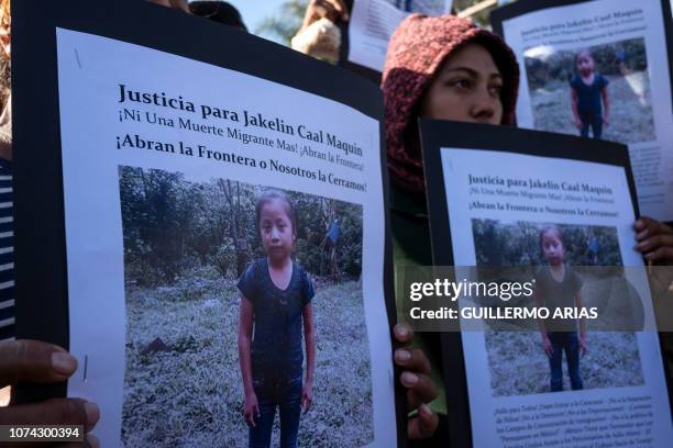 Central American migrants -traveling in a caravan- hold a demonstration following the death of 7-year old Jakelin Amei Rosmery Caal -who died in a...