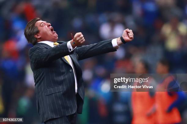 Miguel Herrera coach of America celebrates during the final second leg match between Cruz Azul and America as part of the Torneo Apertura 2018 Liga...