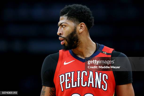 Anthony Davis of the New Orleans Pelicans looks on during the game against the Boston Celtics at TD Garden on December 10, 2018 in Boston,...