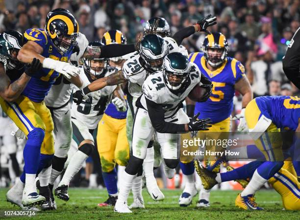 Free safety Corey Graham of the Philadelphia Eagles runs back his interception in the third quarter against the Los Angeles Rams at Los Angeles...