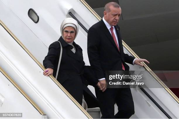 President of Turkey Recep Tayyip Erdogan and First Lady of Turkey Emine Erdogan get off a plane on their arrival to Buenos Aires for G20 Leaders'...