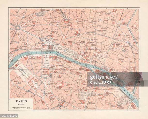 historischer stadtplan von paris, frankreich, lithographie, veröffentlicht im jahre 1897 - paris france stock-grafiken, -clipart, -cartoons und -symbole