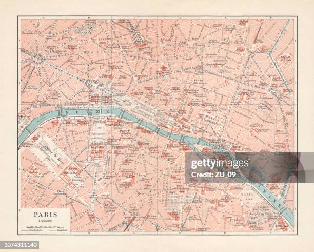 illustrazioni stock, clip art, cartoni animati e icone di tendenza di mappa storica della città di parigi, francia, litografia, pubblicata nel 1897 - tours france