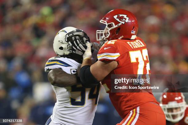 Los Angeles Chargers defensive end Melvin Ingram rushes against Kansas City Chiefs offensive tackle Eric Fisher in the third quarter of an NFL game...