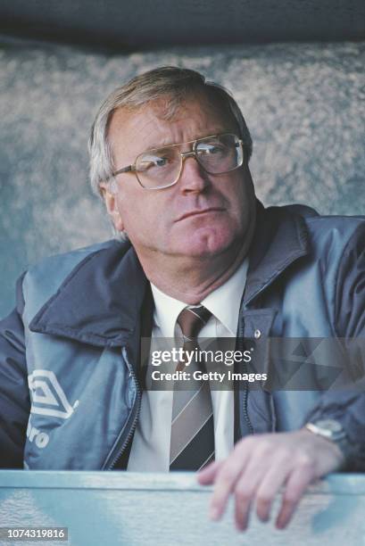 Rangers manager Jock Wallace look on from the dug out during a Rangers home match against Dundee United circa 1984 in Glasgow, Scotland.