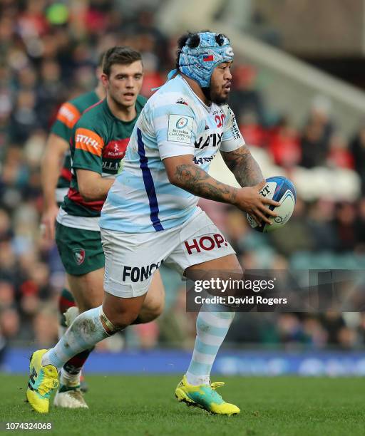 Ole Avei of Racing 92 runs with the ball during the Champions Cup match between Leicester Tigers and Racing 92 at Welford Road Stadium on December...