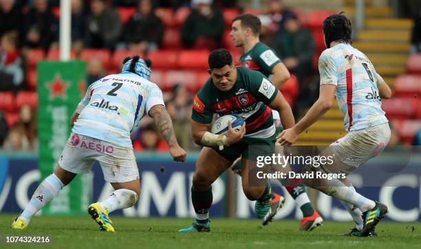 Tatafu Polota-Nau of Leicester charges upfield during the Champions Cup match between Leicester Tigers and Racing 92 at Welford Road Stadium on...