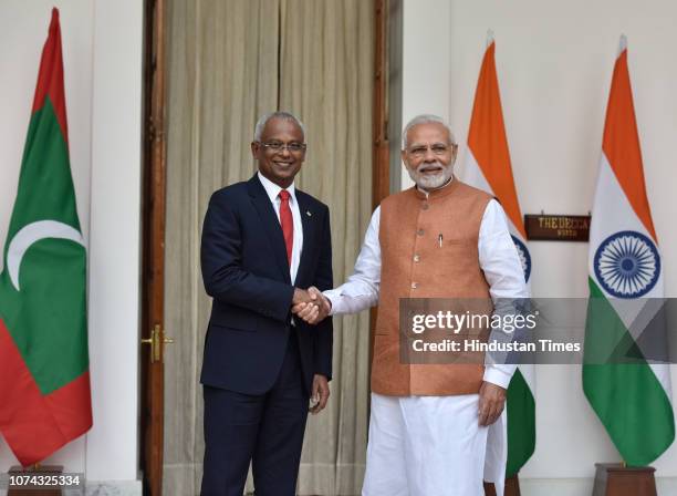 Prime Minister Narendra Modi and Maldivian President Ibrahim Mohamed Solih before a meeting at Hyderabad House, on December 17, 2018 in New Delhi,...