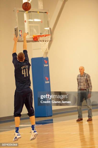 Dirk Nowitzki of the Dallas Mavericks works out with Holger Geschwindner during a practice on December 15, 2018 at the Dallas Mavericks Practice...