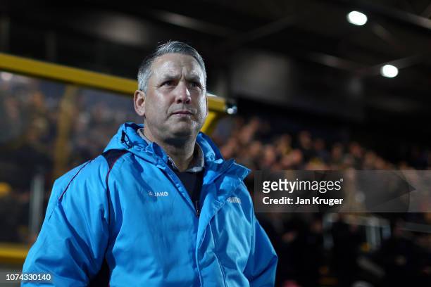 Liam Watson of Southport looks on ahead of the FA Cup Second Round Replay match between Southport and Tranmere Rovers at Haig Avenue on December 17,...