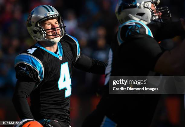 Kicker Chandler Catanzaro of the Carolina Panthers watches an extra point in the second quarter a game against the Cleveland Browns on December 9,...