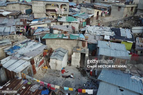 Aerial view of the houses in the neighborhood of Fort National in Port-au-Prince, on December 13, 2018. - In the Fort-National area, barely a...