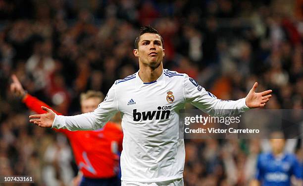 Cristiano Ronaldo of Real Madrid celebrates during the UEFA Champions League Group G match between Real Madrid and AJ Auxerre at Estadio Santiago...