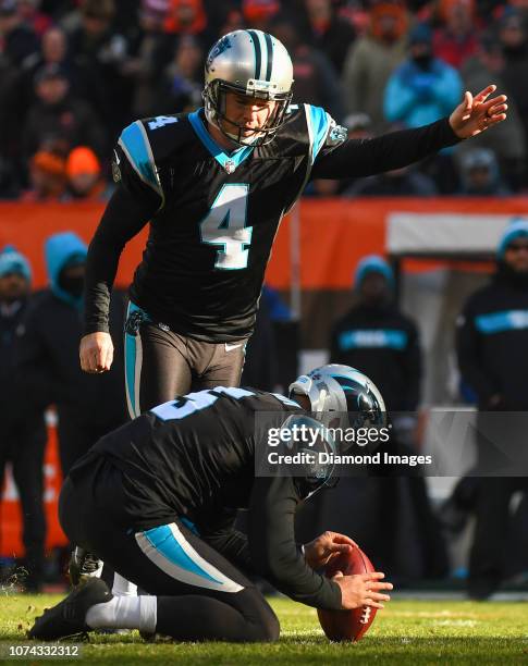 Kicker Chandler Catanzaro of the Carolina Panthers kicks a field goal in the second quarter a game against the Cleveland Browns on December 9, 2018...