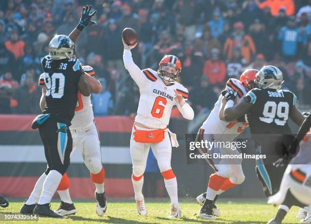 Quarterback Baker Mayfield of the Cleveland Browns throws a pass in the second quarter a game against the Carolina Panthers on December 9, 2018 at...