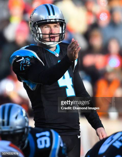 Kicker Chandler Catanzaro of the Carolina Panthers prepares for a field goal attempt in the third quarter of a game against the Cleveland Browns on...