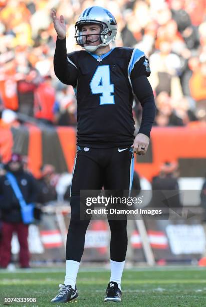 Kicker Chandler Catanzaro of the Carolina Panthers prepares to attempt a field goal in the third quarter of a game against the Cleveland Browns on...