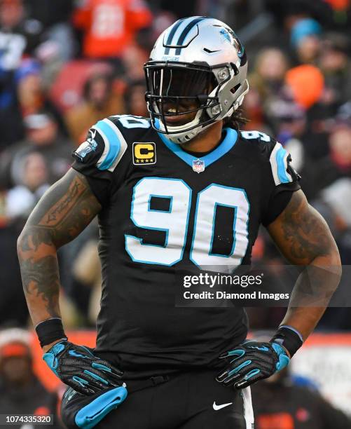 Defensive end Julius Peppers of the Carolina Panthers on the field in the fourth quarter of a game against the Cleveland Browns on December 9, 2018...