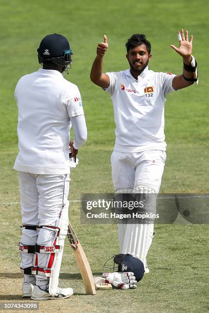 Kusal Mendis of Sri Lanka celebrates his 6th test century during day four of the First Test match in the series between New Zealand and Sri Lanka at...