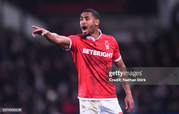 Saidy Janko of Nottingham Forest gestures during the Sky Bet Championship between Derby County and Nottingham Forest at Pride Park Stadium on...