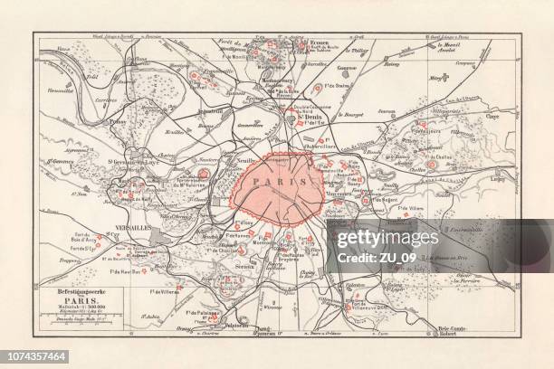 stockillustraties, clipart, cartoons en iconen met parijs en omgeving met de vestingwerken, lithografie, gepubliceerd in 1897 - versailles