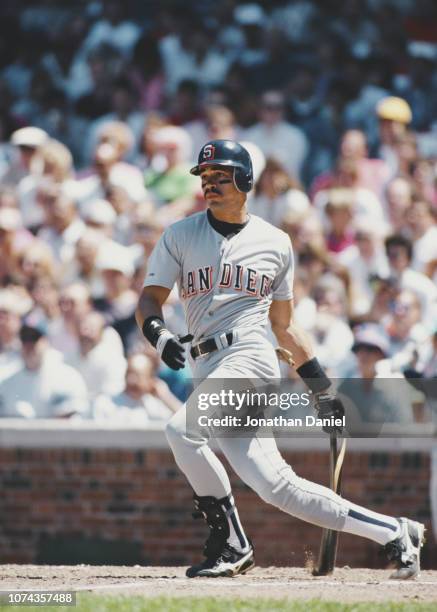 Benito Santiago, Catcher for the San Diego Padres at bat during the Major League Baseball National League East game against the Chicago Cubs on 4...