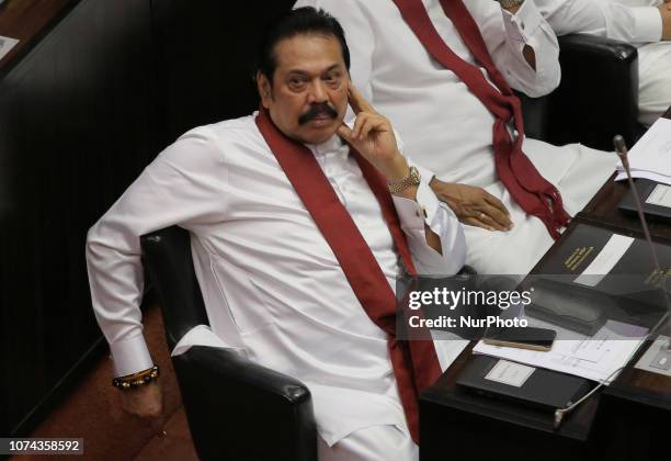 Former Sri Lankan prime minister Mahinda Rajapaksa looks on as he attends a session at the parliament complex, Colombo, Sri Lanka on 18 December 2018.