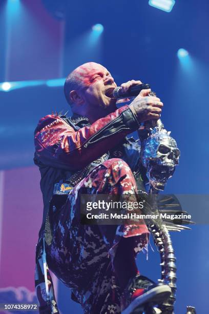 Vocalist Ivan Moody of American heavy metal group Five Finger Death Punch performing live on stage at Wembley Arena in London on December 21, 2017.