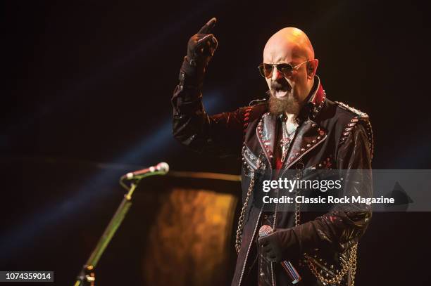 Frontman Rob Halford of English heavy metal group Judas Priest performing live on stage at the O2 Academy Brixton in London on December 1, 2015.