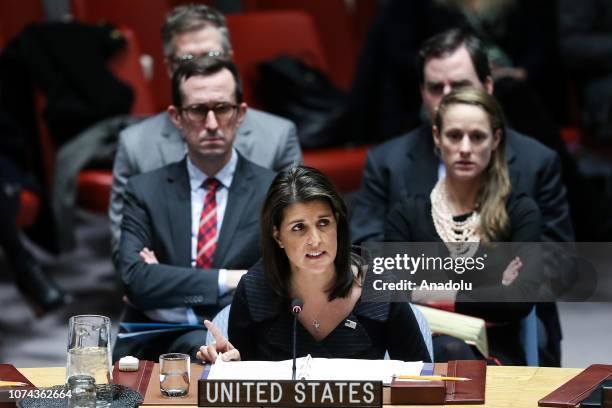 Ambassador to the United Nations Nikki Haley, makes a speech during the Security Council meeting on the situation in Middle East including the...