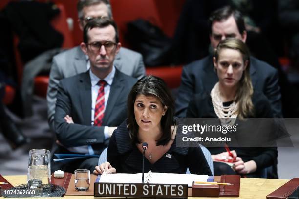Ambassador to the United Nations Nikki Haley, makes a speech during the Security Council meeting on the situation in Middle East including the...