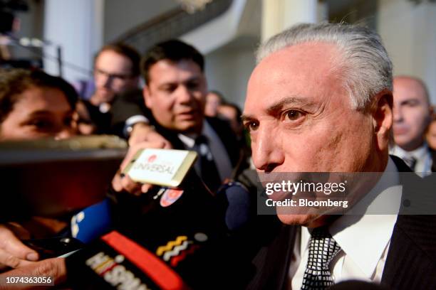 Michel Temer, Brazil's president, speaks to members of the media following the Mercosur Summit in Montevideo, Uruguay, on Tuesday, Dec. 18, 2018....