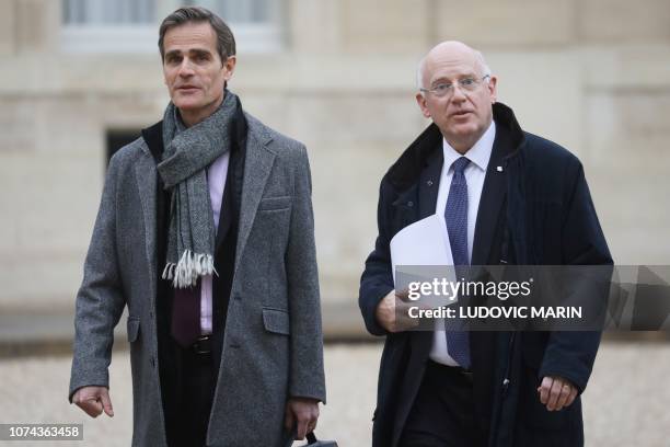 President of Matmut mutualite Nicolas Gomart and general director of AG2T la mondiale Andre Renaudin, arrive for a meeting with French president and...