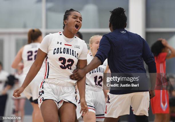 Nadege Pluviose of the Robert Morris Colonials reacts at the conclusion of a 64-63 win over the Delaware State Hornets at the North Athletic Complex...