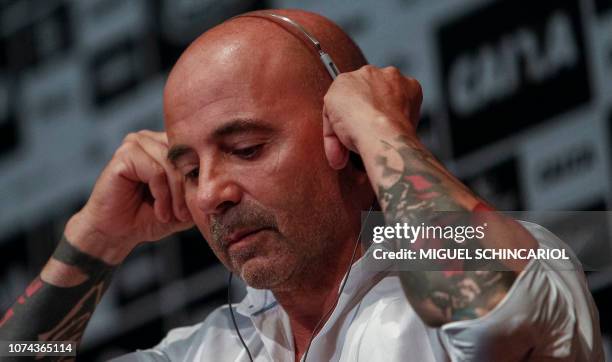 The new coach of Brazilian football team Santos, Argentine Jorge Sampaoli, offers a press conference during his presentation in Sao Paulo, Brazil, on...