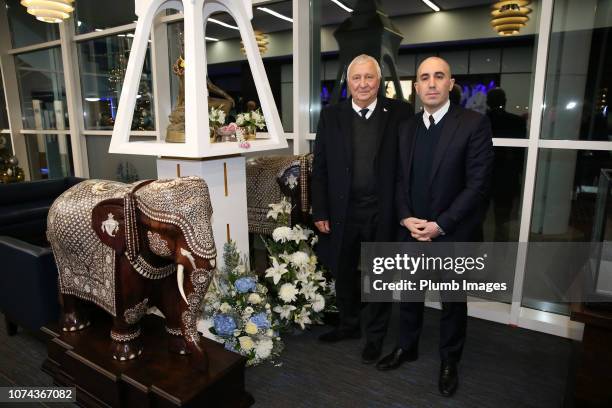Club Ambassador Mike Summerbee of Manchester City and Chief Operating Officer Omar Berrada of Manchester City lay flowers at King Power Stadium in...