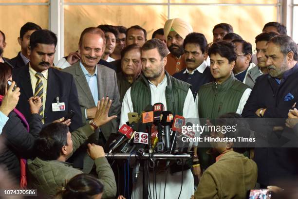 Journalist asks a question to Congress President Rahul Gandhi during the winter session in Parliament, on December 18, 2018 in New Delhi, India....