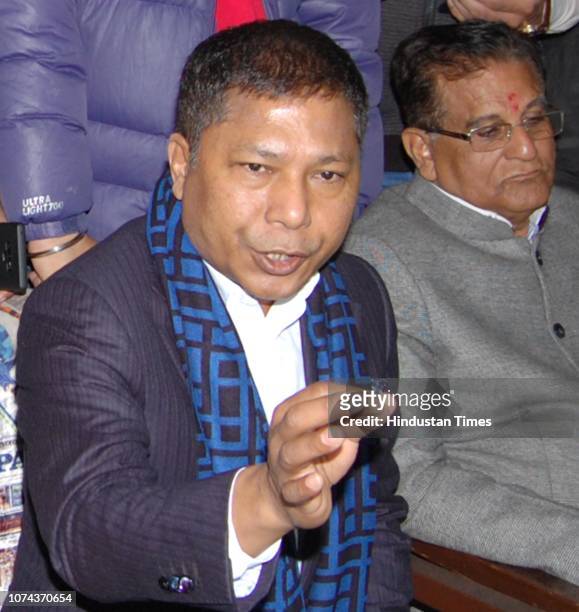 Former Chief Minister of Meghalaya Mukul Sangma and District Congress Committee President Jugal Kishore Sharma address a press conference, on...