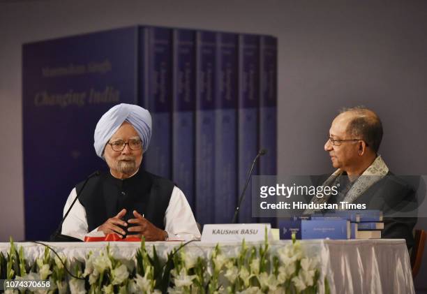 Former Prime Minister Manmohan Singh in conversation with professor Kaushik Basu during his book launch, Changing India, at the IIC, on December 18,...