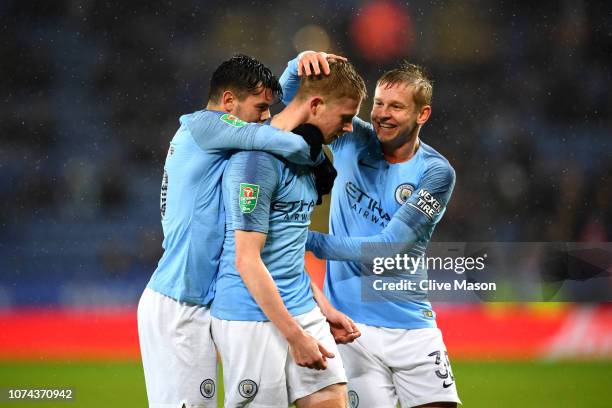 Kevin De Bruyne of Manchester City celebrates with Brahim Diaz and Oleksandr Zinchenko after scoring his sides first goal during the Carabao Cup...