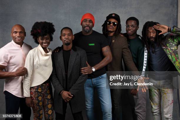 Mark 'Rhino' Smith, Shantol Jackson, Aml Ameen, Idris Elba, Sheldon Shepherd, Riaze Foster and Everaldo Creary from "Yardie are photographed for Los...