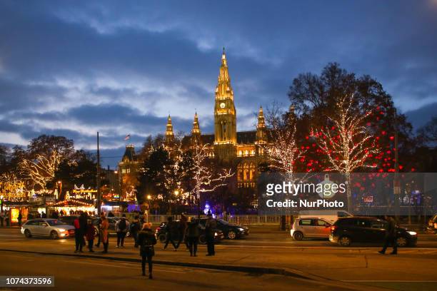 View on Christmas decorations and traditional Christmas market in front of Viena City Hall in Vienna, Austria. December 17, 2018.