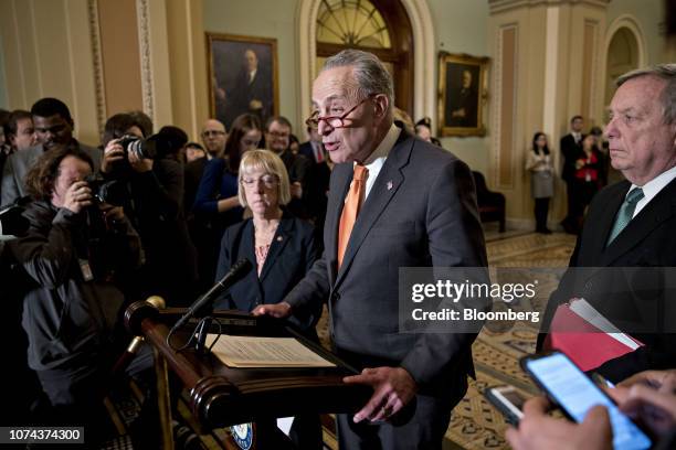 Senate Minority Leader Chuck Schumer, a Democrat from New York, speaks during a news conference after a Democratic caucus meeting at the U.S. Capitol...