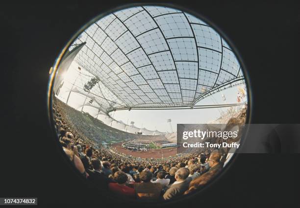 Fish eye lens view of the opening ceremony of the XX Summer Olympic Games on 26 August 1972 at the Olympic Stadium in Munich, Germany.